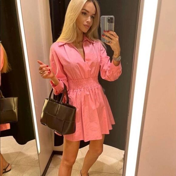 ZARA Poplin Cotton Dress Pink Gathered Waist Smocked Barbiecore Barbie Core - Picture 2 of 5